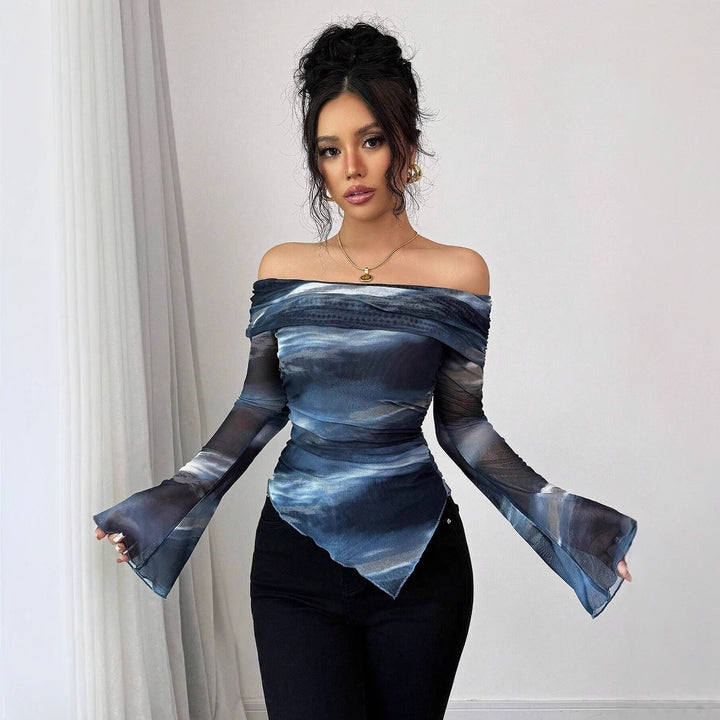 Damen nan schulterfreies Mesh-Wickeltop mit asymmetrischem Zipfelsaum und langen ausgestellten Ärmeln Echo Archiv