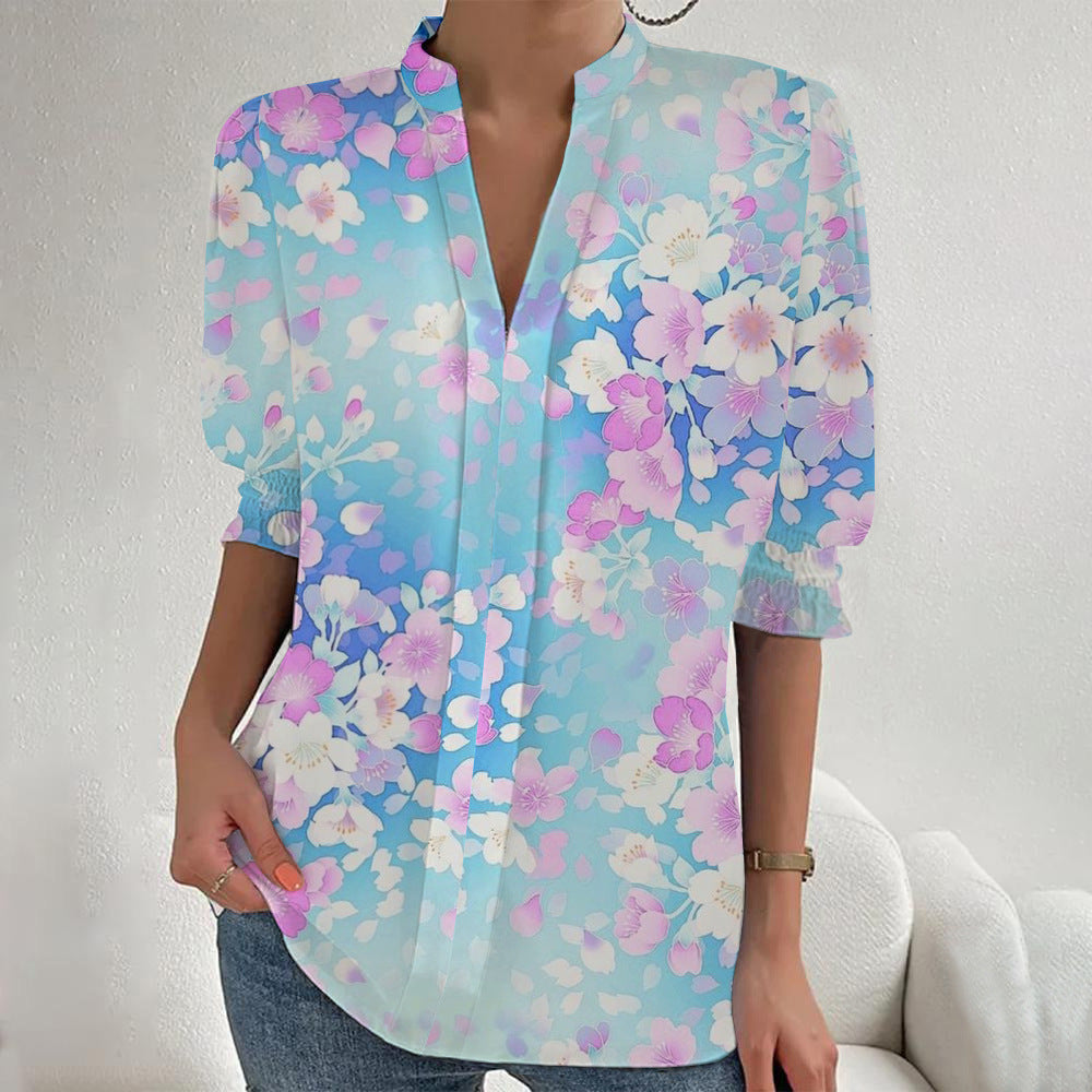 Damen Blumenprint Tunika-Bluse mit Stehkragen, geschlitzter V‑Blende und gerafften 3/4-Ärmeln – Élovi