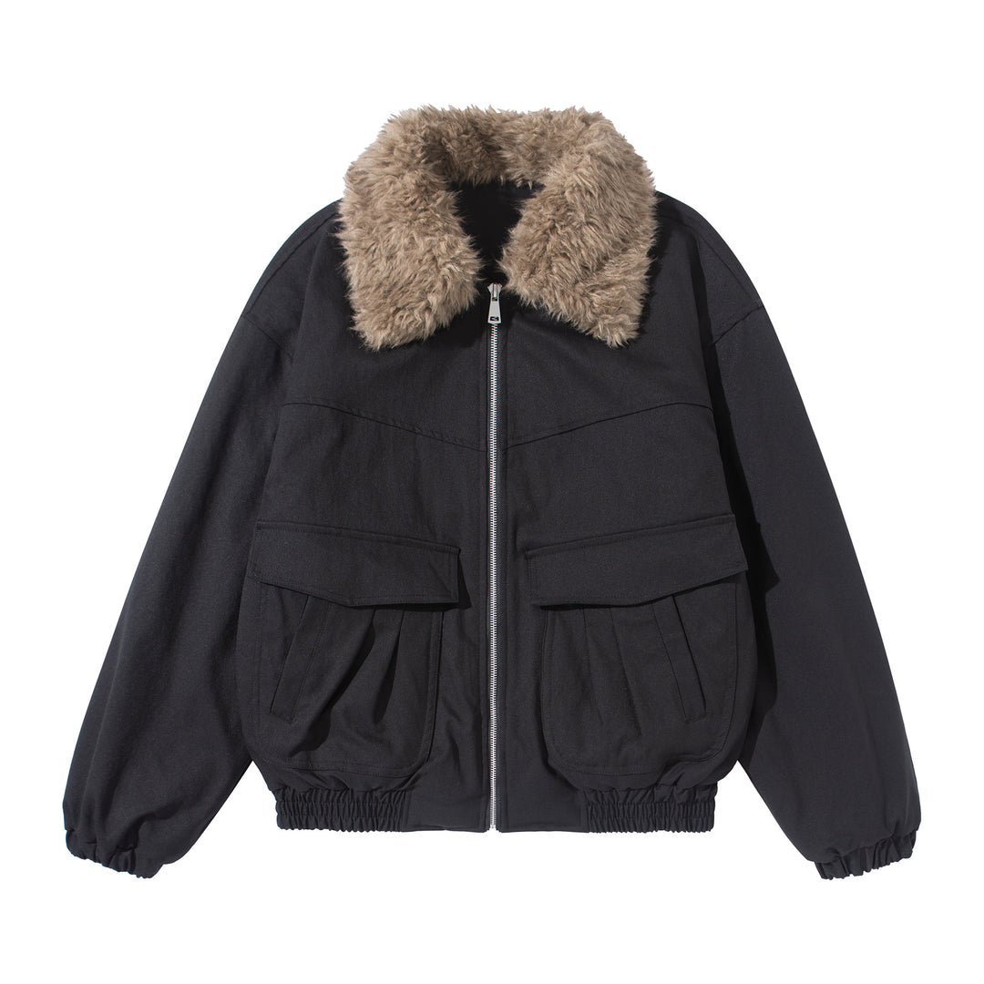 Damen Kurzblouson mit voluminösem Faux‑Fur‑Kragen, Känguru‑Taschen und elastischem Saum Echoarchiv