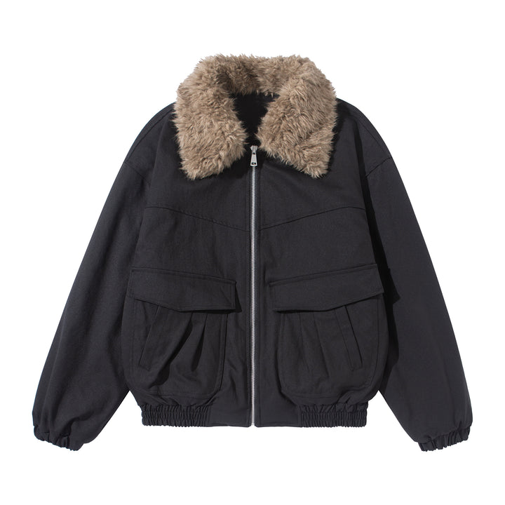 Damen Kurzblouson mit voluminösem Faux‑Fur‑Kragen, Känguru‑Taschen und elastischem Saum Echoarchiv