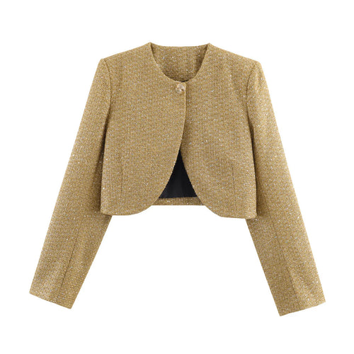 Damen kurzes Bouclé-Blazerjacke mit Rundhals und Zierknopf – Valéne