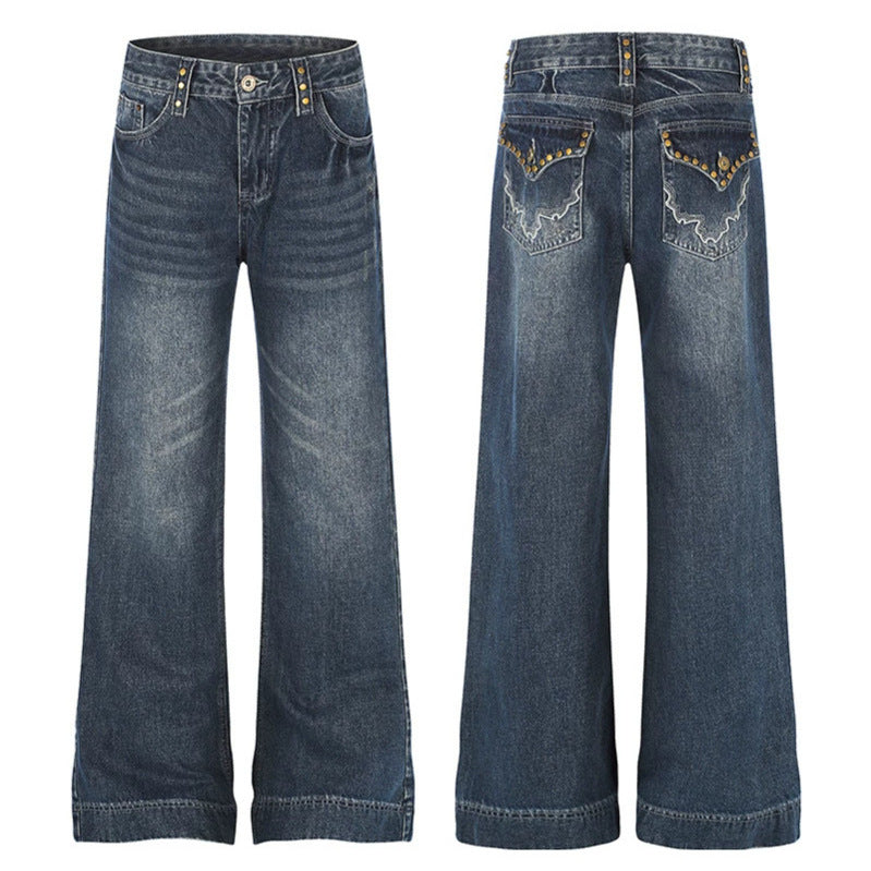 Damen Weite High‑Waist Denim Palazzo-Jeans mit weitem Bein und Vintage-Waschung Echoarchiv
