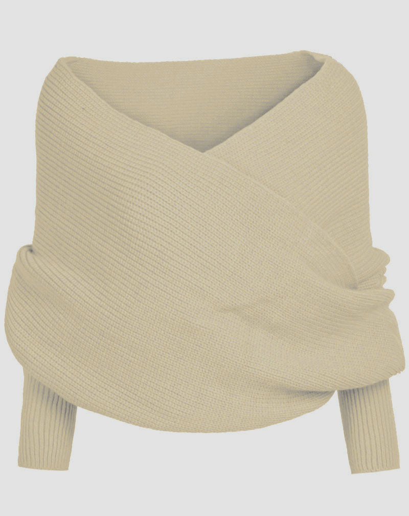 Damen Oversize Schulterfreier Wickelstrickpullover aus Rippstrick Drune