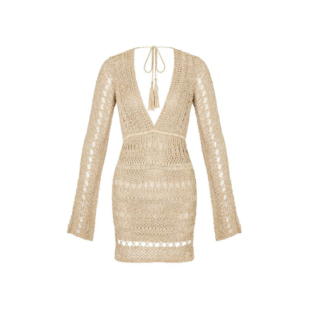Damen gehäkeltes Strandkleid mit tiefem V-Ausschnitt und langem Arm Echo Archiv