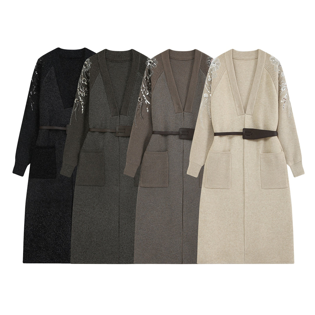 Damen Lange Strickjacke mit Gürtel, tiefem V‑Ausschnitt und bestickten Paillettenärmeln Echo Archiv