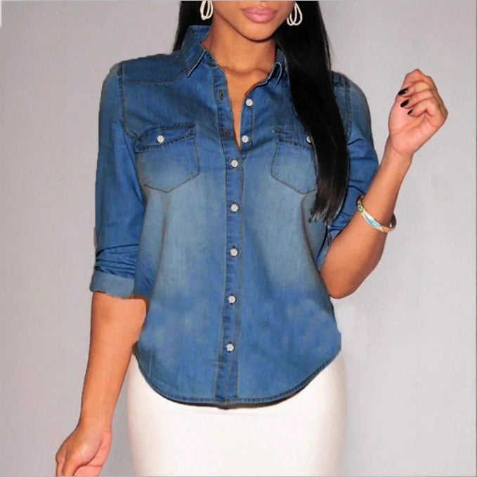 Damen taillierte Denim-Hemdbluse mit Brusttaschen und Perlmuttknöpfen Echo Archiv