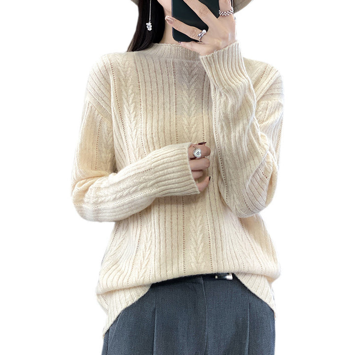Damen Kaschmirähnlicher Feinstrick-Mockneckpullover mit Ajour‑Zopfmuster und lässiger Oversize‑Passform Echoarchiv