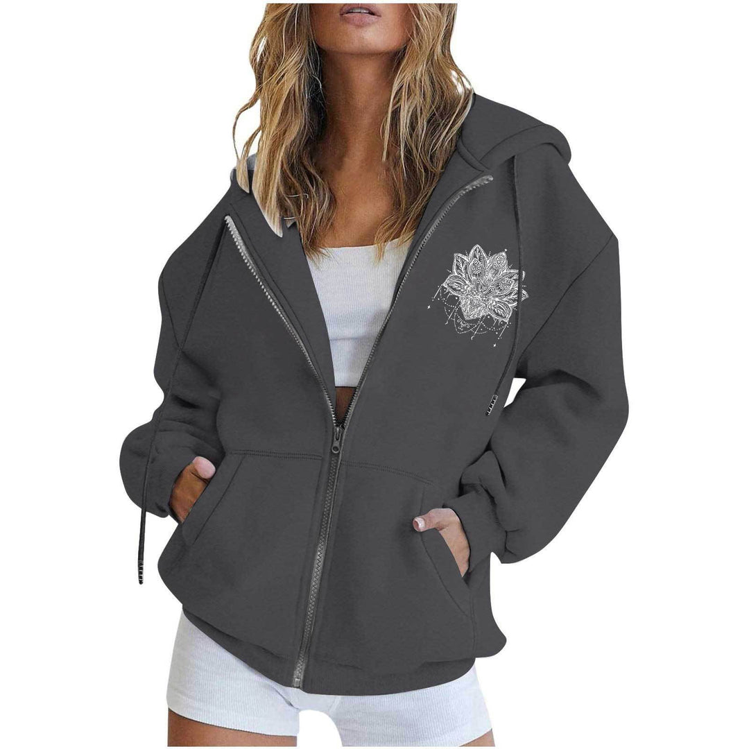 Damen oversized Kapuzenjacke mit Frontreißverschluss, Kängurutaschen und stilisiertem Sonnenblumenprint – Auréline