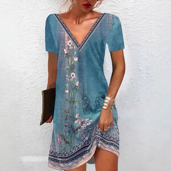 Frauen Floral V-Ausschnitt Tunika Kleid mit Border Print und langen Ärmeln – Lunéa