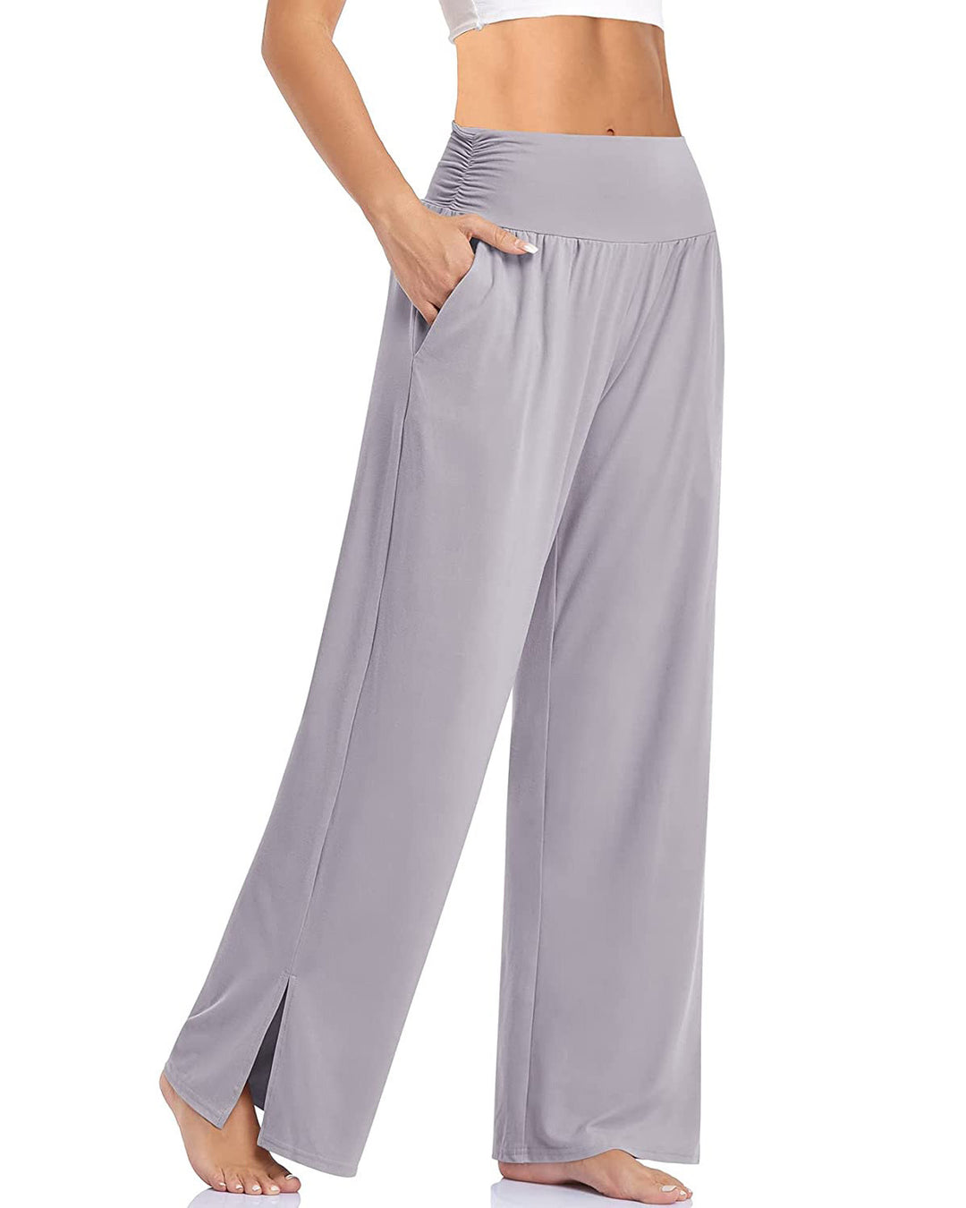 Damen nan weite Yogahose mit hohem Komfortbund, seitlichen Eingrifftaschen und seitlichem Bein-Schlitz Echo Archiv