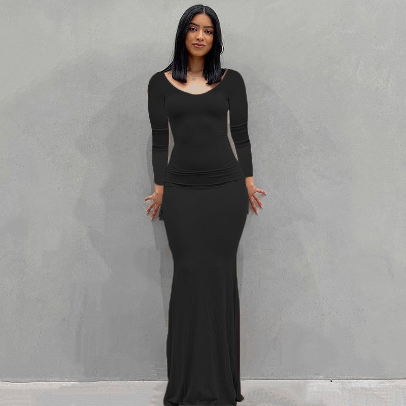 Damen Körperbetontes Maxi‑Jerseykleid mit taillierter Drapierung, langen Ärmeln und ausgestelltem Saum – Valéora