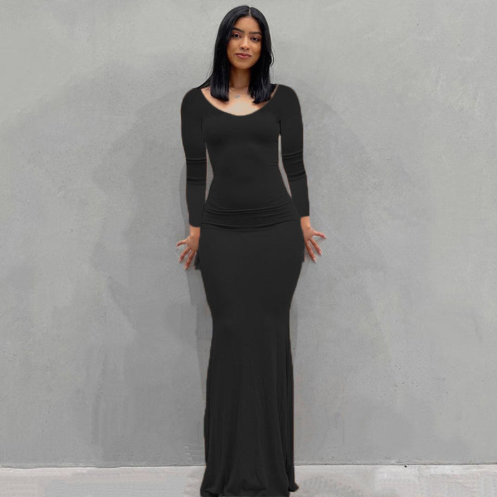 Damen Körperbetontes Maxi‑Jerseykleid mit taillierter Drapierung, langen Ärmeln und ausgestelltem Saum – Valéora