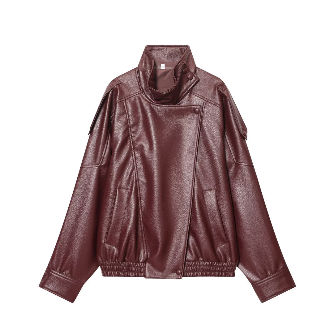 Damen nan Kunstleder-Bomberjacke mit hohem Stehkragen, asymmetrischer Druckknopfleiste und elastischem Saum Echo Archiv