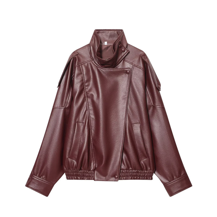 Damen nan Kunstleder-Bomberjacke mit hohem Stehkragen, asymmetrischer Druckknopfleiste und elastischem Saum Echo Archiv