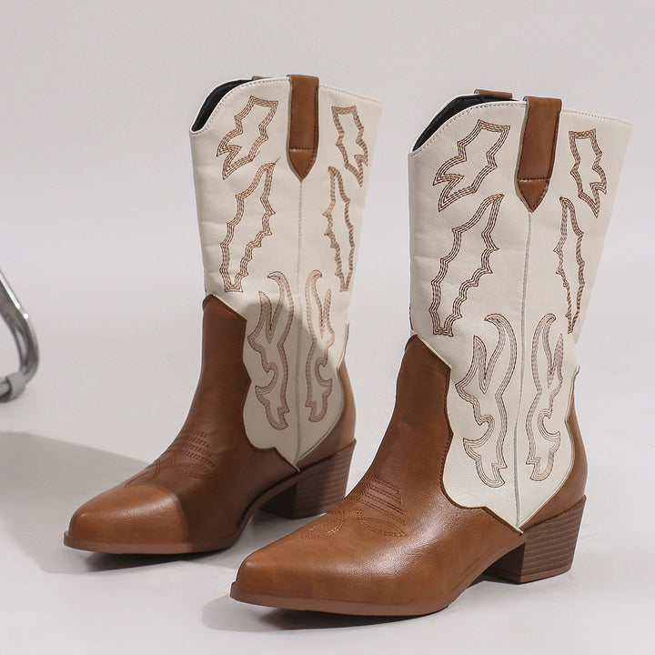 Damen nan Cowboystiefel im Westernstil mit mittelhohem Blockabsatz spitzer Zehenkappe und dekorativer Stickerei Echo Archiv