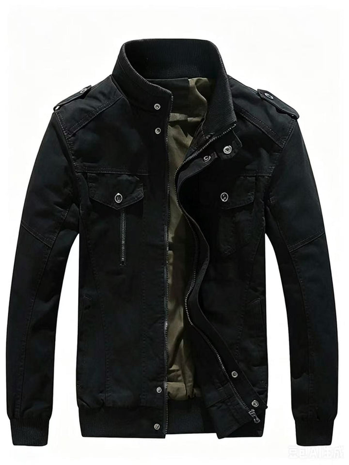 Herren Militärisch inspirierte Canvas-Übergangsjacke mit Stehkragen und Epauletten Echoarchiv