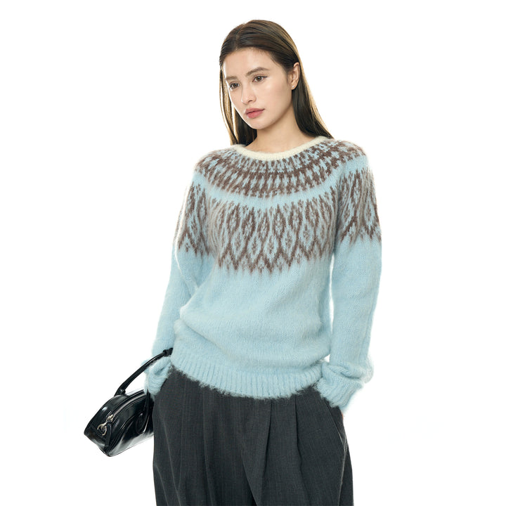 Damen Rundhals-Pullover mit Norweger-Jacquard und Mohair-Optik Echoarchiv