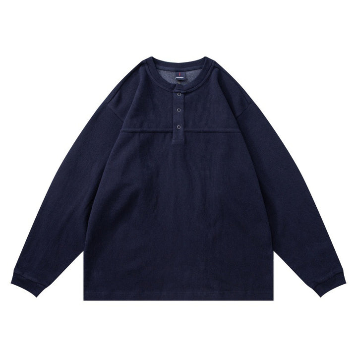Unisex Strukturiertes Henley-Longsleeve mit Waffelstruktur, halber Knopfleiste und überschnittener Schulter Echoarchiv
