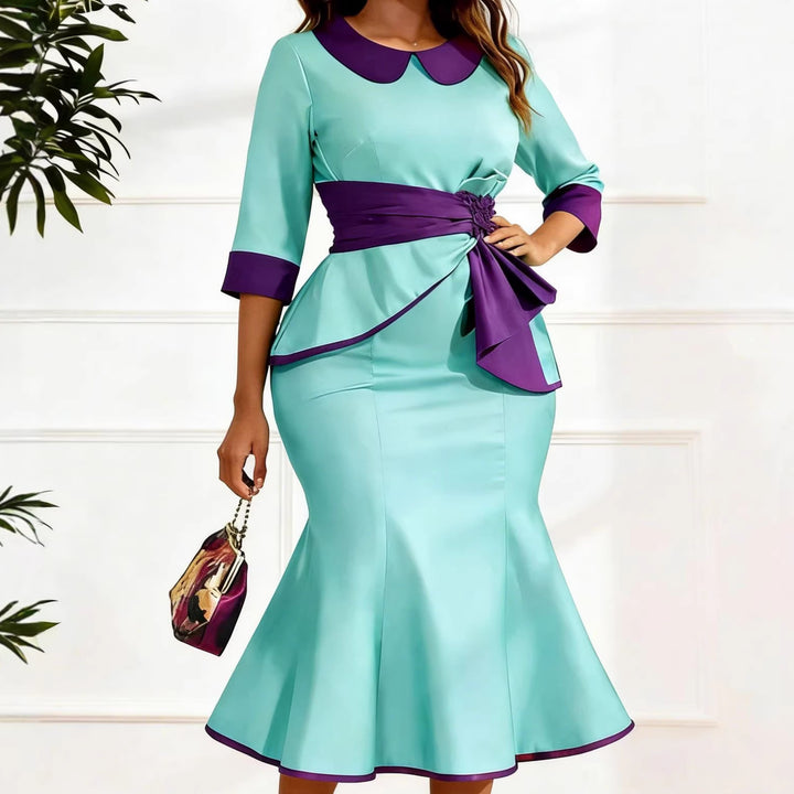 Damen elegantes Kleid mit modischem Kragen und asymmetrischem Taillendetail Echo Archiv