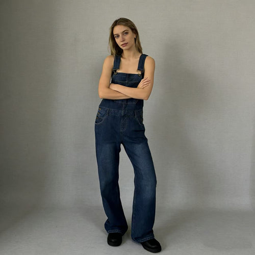 Damen nan weiche Denim-Latzhose mit weitem Bein, verstellbaren Trägern und Pattentasche Echo Archiv