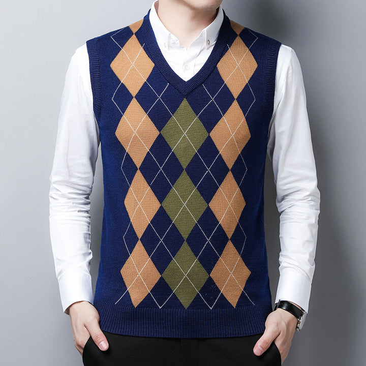 Herren klassischer V-Ausschnitt Strickpullover mit Rautenmuster Echoarchiv