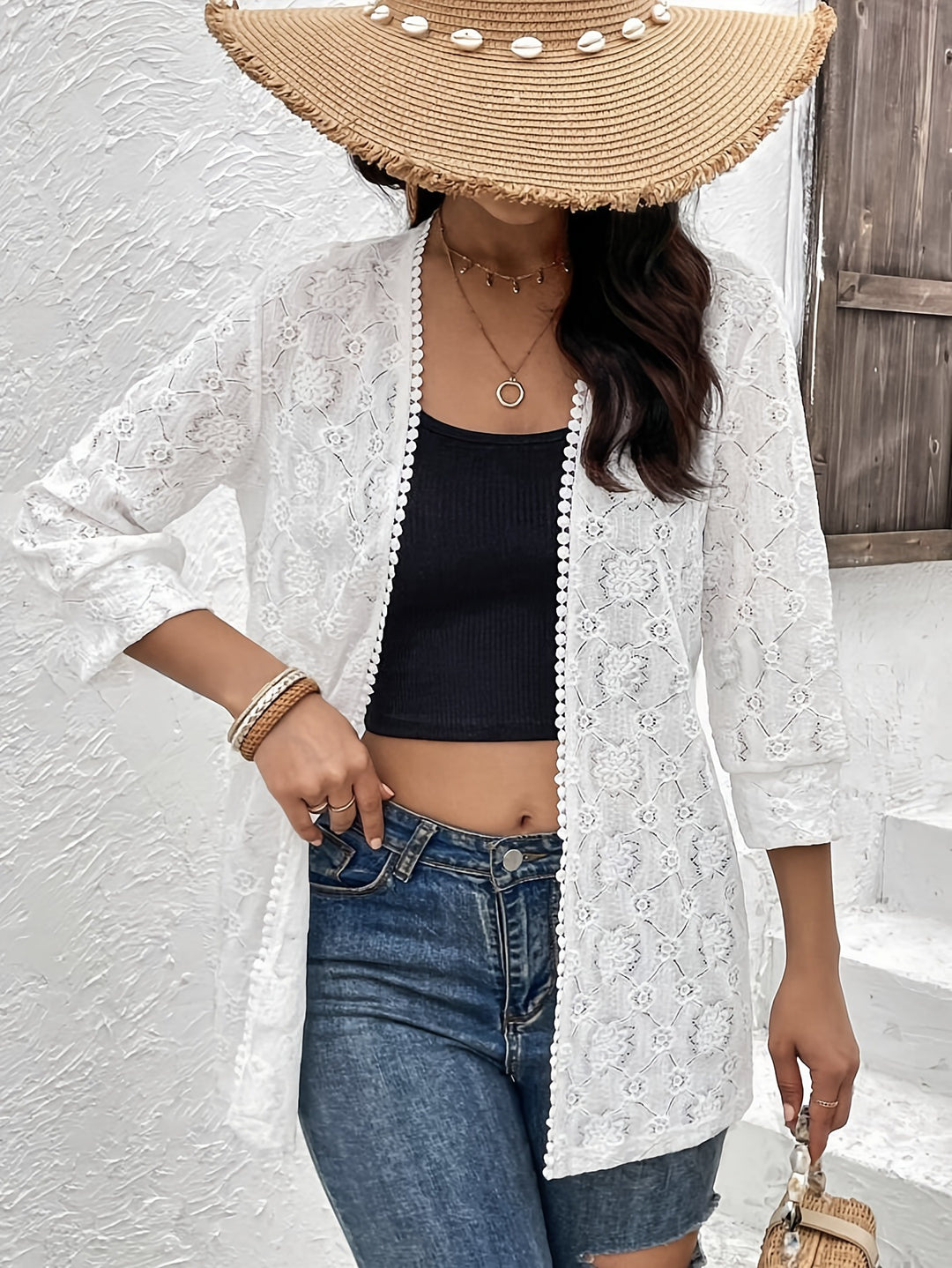 Damen nan luftiger Spitzenkimono Strandcardigan mit gehäkelter Bordüre Echo Archiv
