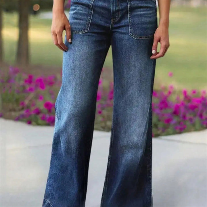 Damen Hochtaillierte Denim-Jeans mit weitem Schlagbein und aufgesetzten Vordertaschen Echo Archiv