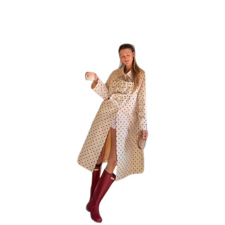 Damen Langer gepunkteter Trenchcoat mit übergroßem Revers und Zierösen Echoarchiv