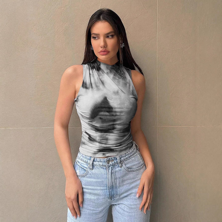 Damen Tailliertes Ärmelloses Top mit Stehkragen und Batik-Print Echo Archiv
