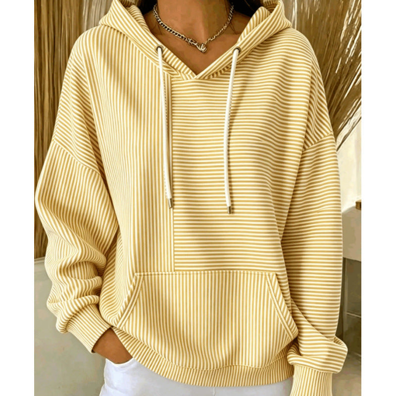 Damen Oversize Kapuzenpullover mit feinem Streifenprint, Kängurutasche und V-Ausschnitt-Kapuze – Auréline