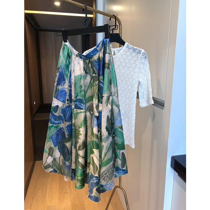 Damen Zweiteiliges Set: Gehäkelte Spitzenbluse mit ellbogenlangen Ärmeln & Floraler taillenhoher Midirock Echo Archiv