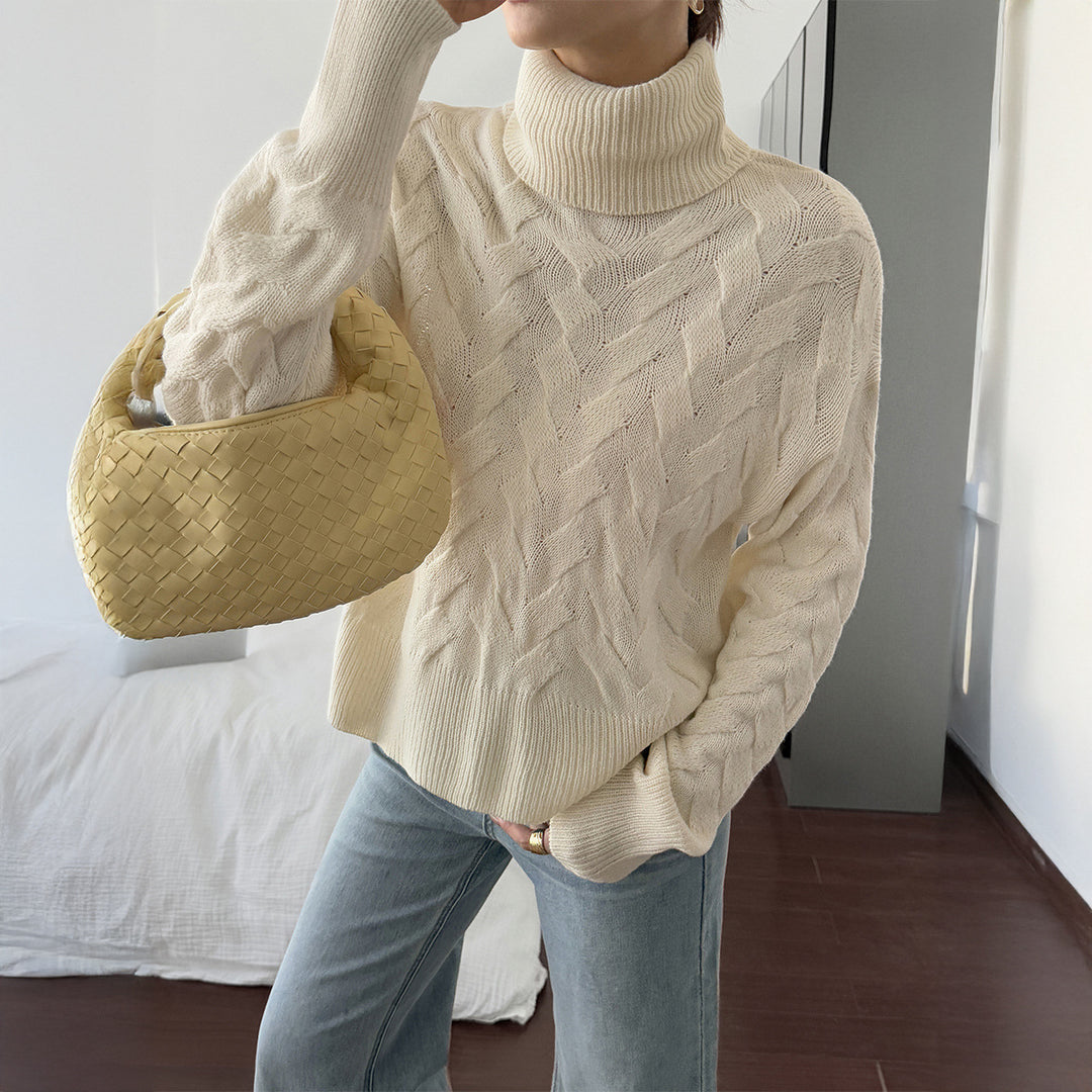Damen grobstrick Rollkragenpullover mit Zopfstruktur, oversized Schnitt und längeren Ärmeln – Mavelle
