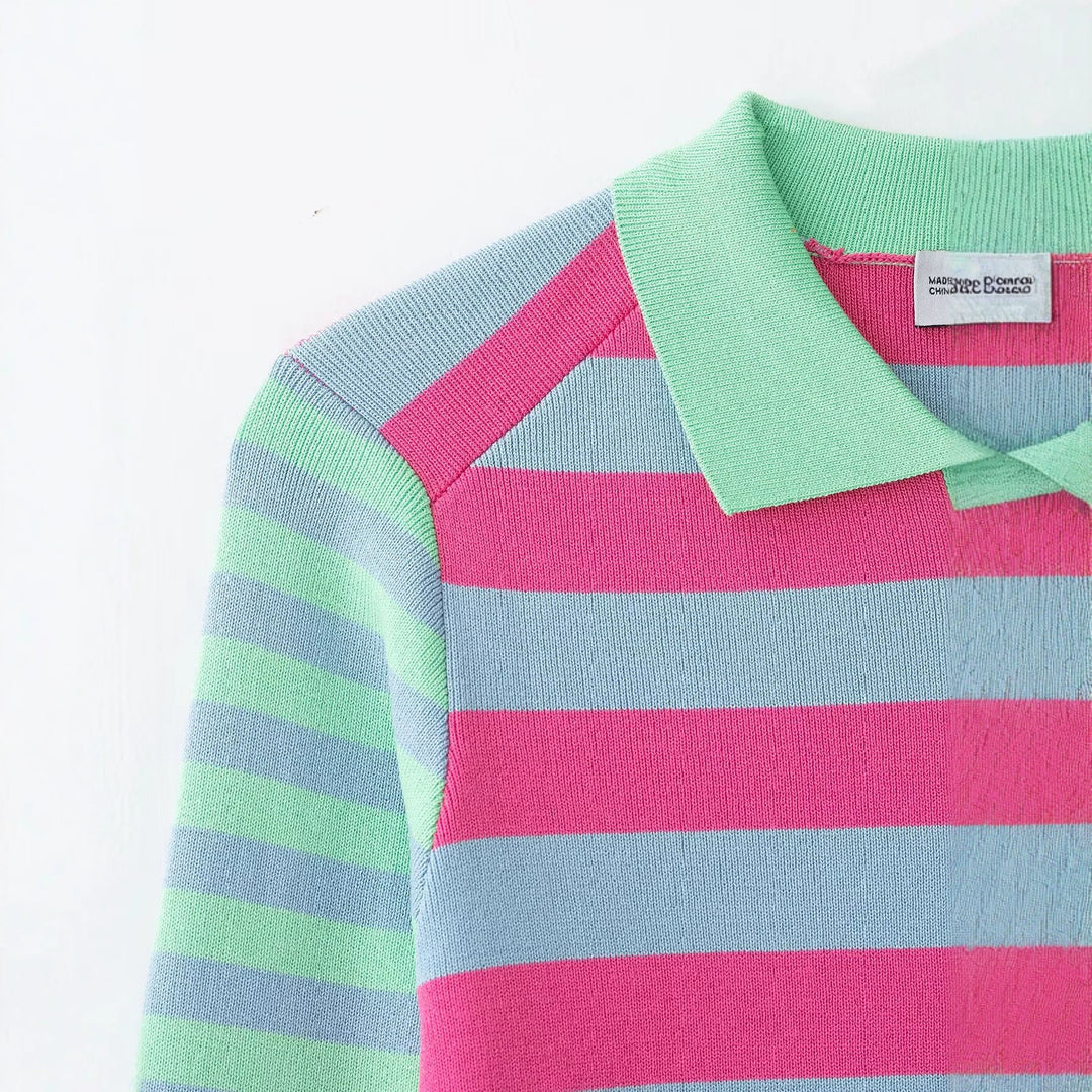 Damen Gestreifte Kurzjacke-Cardigan mit Polokragen und Knopfleiste Echo Archiv