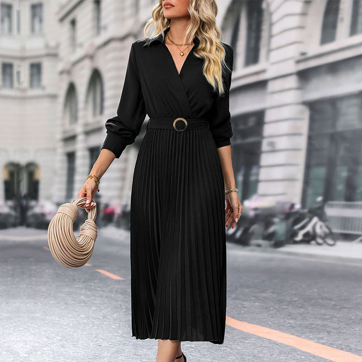 Damen Midi-Faltenkleid mit Wickeloberteil, Taillengürtel und Plissee-Rock Echoarchiv