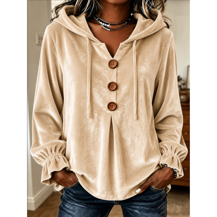 Damen Samt-Hoodie mit Holzknopfblende, Tunnelzug und gerafften Ärmeln – Auréline