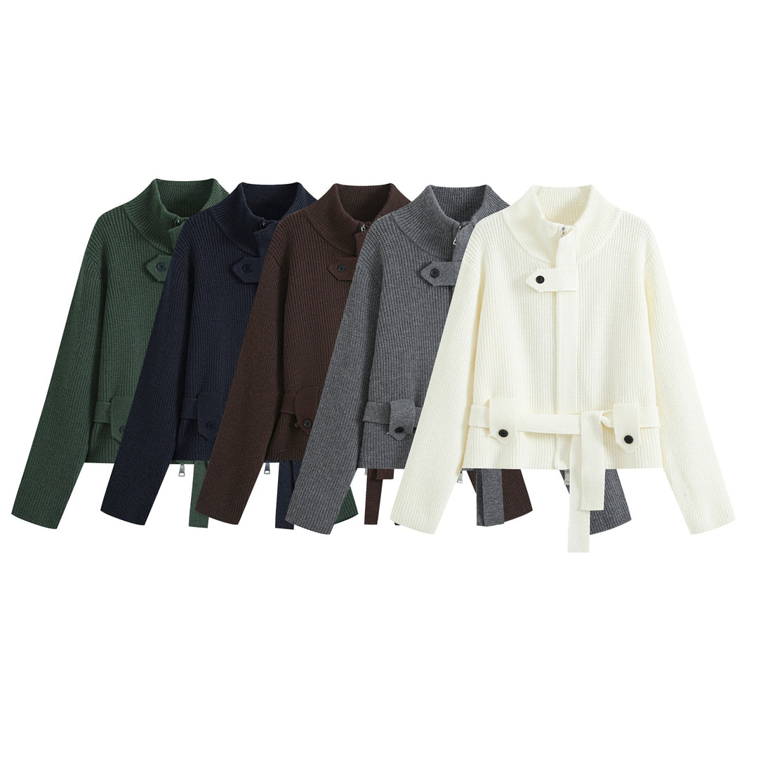 Damen Kurze Strickjacke im Blousonstil mit Stehkragen und Bindegürtel Echo Archiv