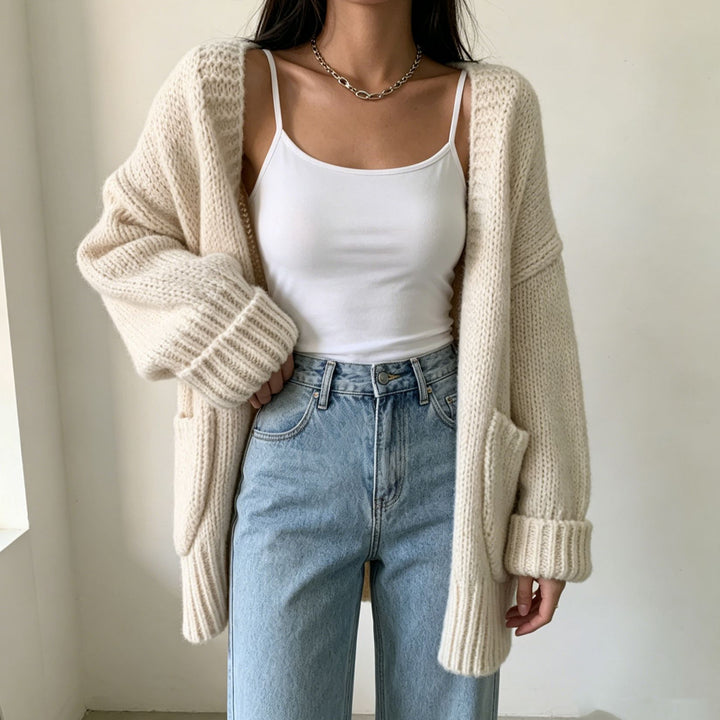 Damen Langer Offener Grobstrick-Cardigan mit aufgesetzten Taschen und gerippten Bündchen – Veloura