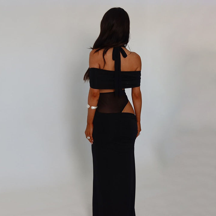 Damen schulterfreies, elegantes Maxikleid mit transparenten Einsätzen und Rüschendetails Echo Archiv