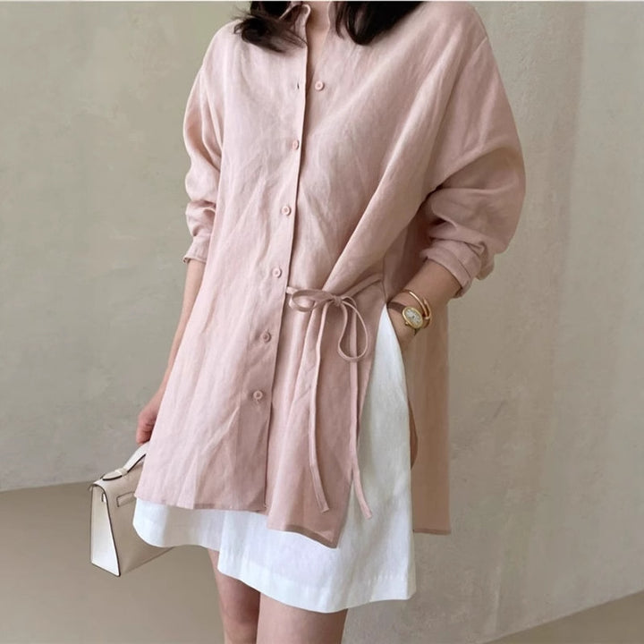 Damen Locker geschnittene Leinen‑Hemdbluse mit Stehkragen, Tunnelzug‑Taille und durchgehender Knopfleiste – Élovi