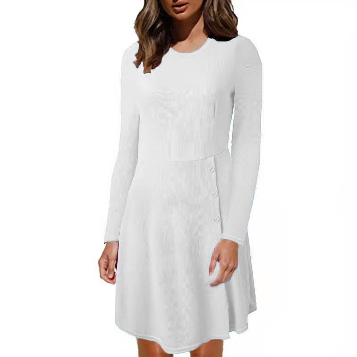 Damen Geripptes A‑Linien Kleid mit Rundhalsausschnitt, langen Ärmeln und seitlicher Knopfleiste – Lunéa