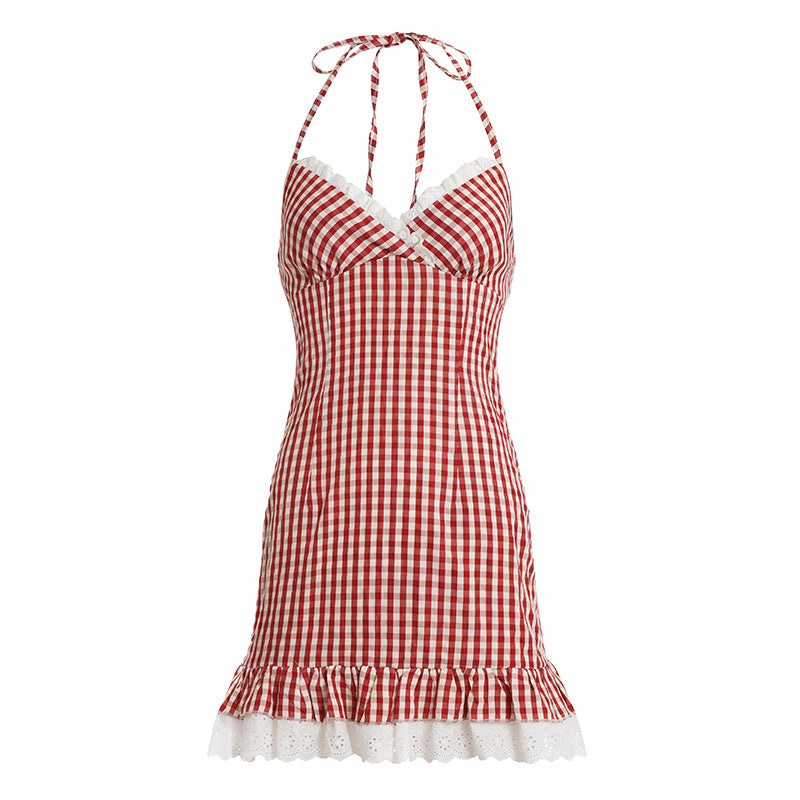 Damen Spaghetti-Trägerkleid mit verspieltem Vichy-Muster und Rüschensaum Echo Archiv