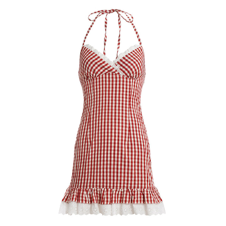 Damen Spaghetti-Trägerkleid mit verspieltem Vichy-Muster und Rüschensaum Echo Archiv