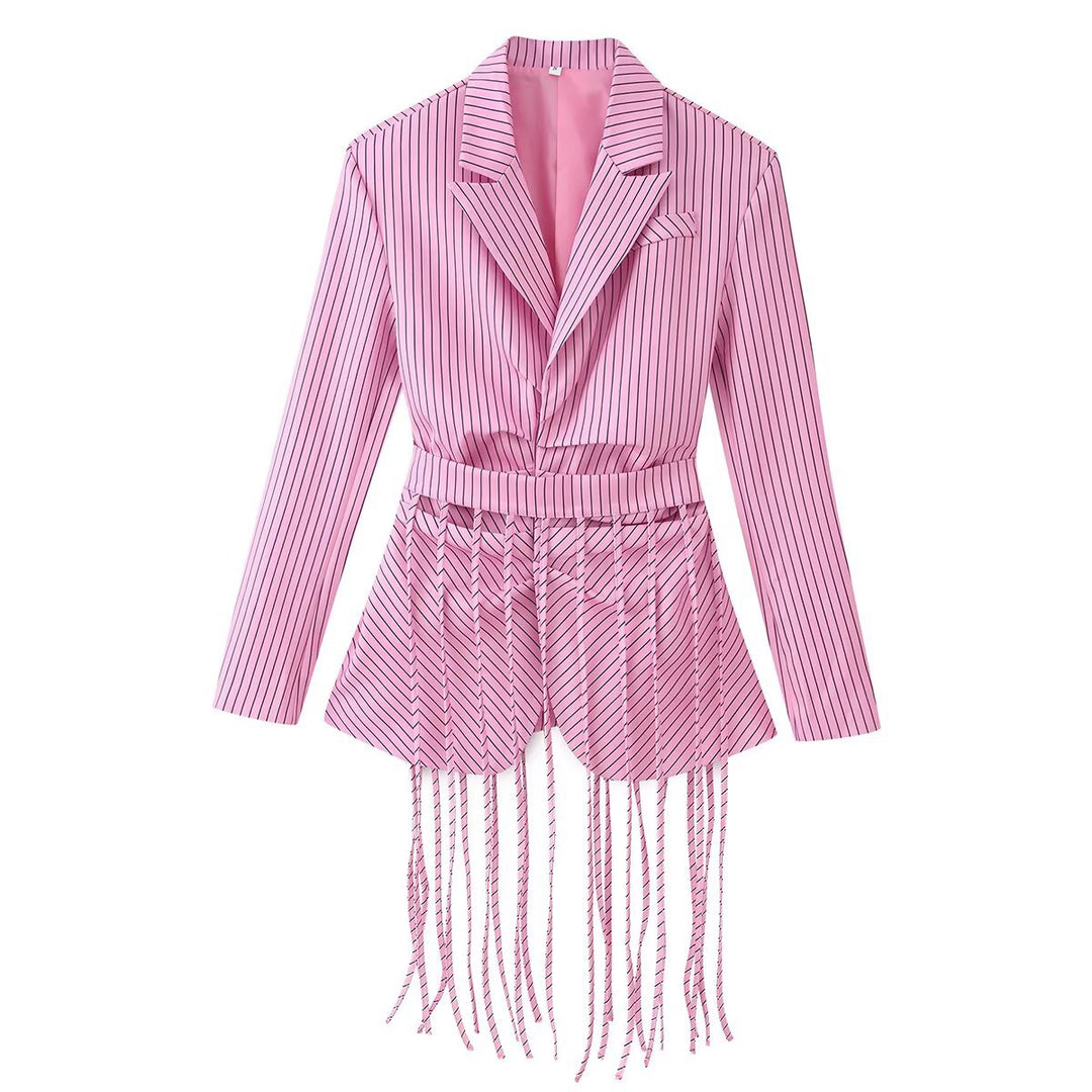 Damen 20+ taillierter Blazer mit Fransen-Detail und Nadelstreifen Echo Archiv