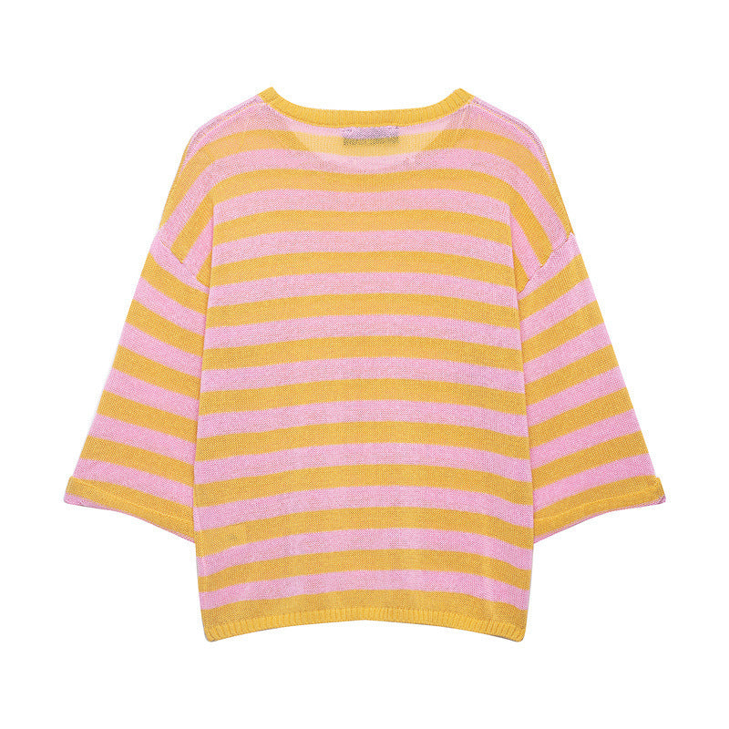 Damen Gestreifter Oversize-Strickpullover mit weitem dreiviertelärmel und Rundhalsausschnitt Echo Archiv