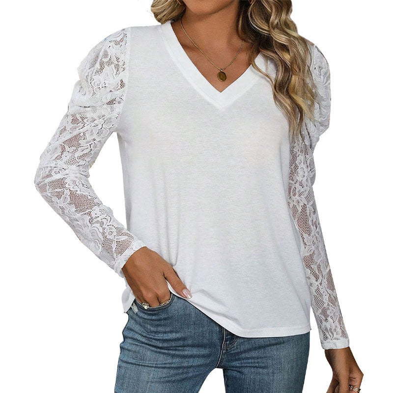 Damen Spitzen-Longsleeve mit V-Ausschnitt und gerafften Schulter-Puffärmeln – Élovi