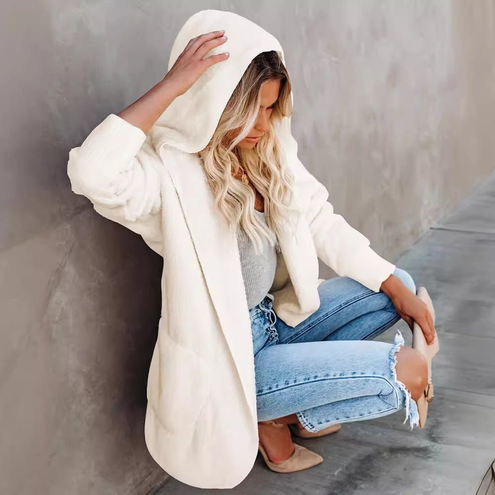 Damen Flauschige Kapuzenjacke mit Taschen und hohen Bündchen Echoarchiv