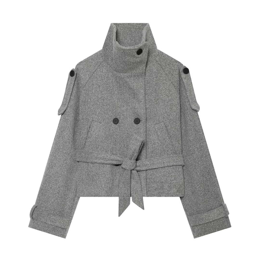 Damen Kurze Wollmix-Capejacke mit Taillengürtel und Funnelkragen Echoarchiv