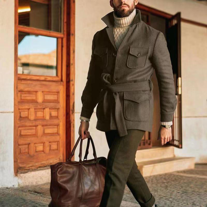 Herren multifunktionale Wool-Jacke mit Gürtel und Taschen Echoarchiv