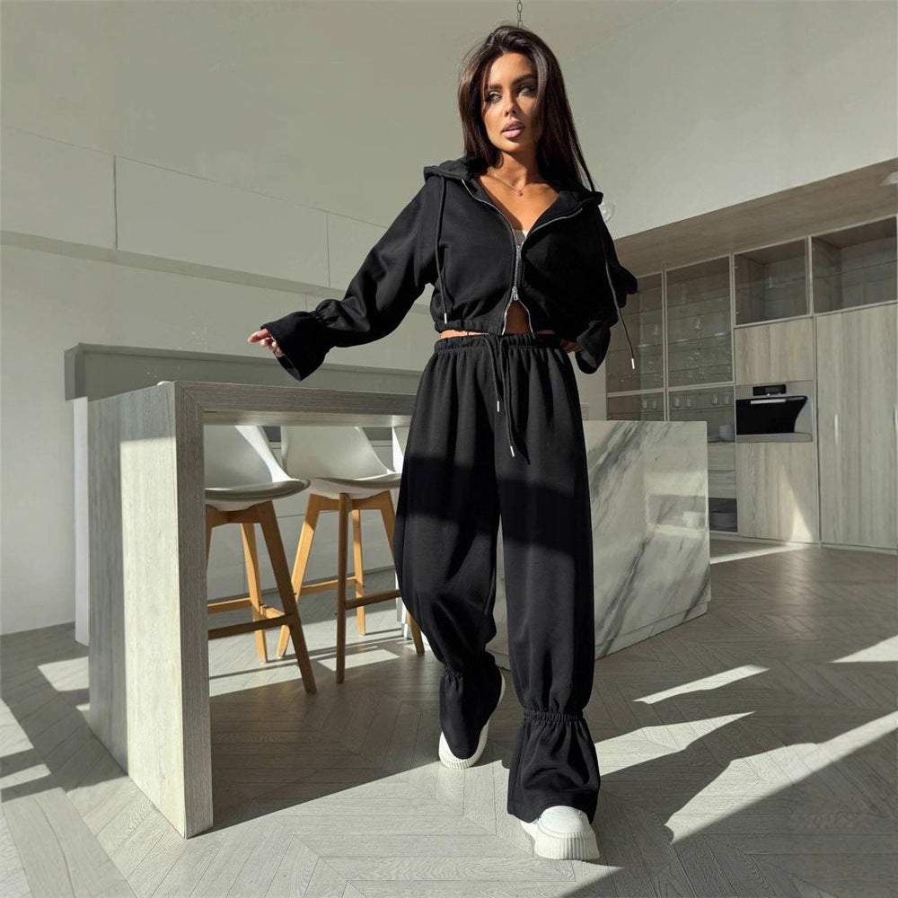 Damen Cropped-Kapuzenjacke mit Reißverschluss und taillierter Tunnelzug-Jogginghose – Auréline
