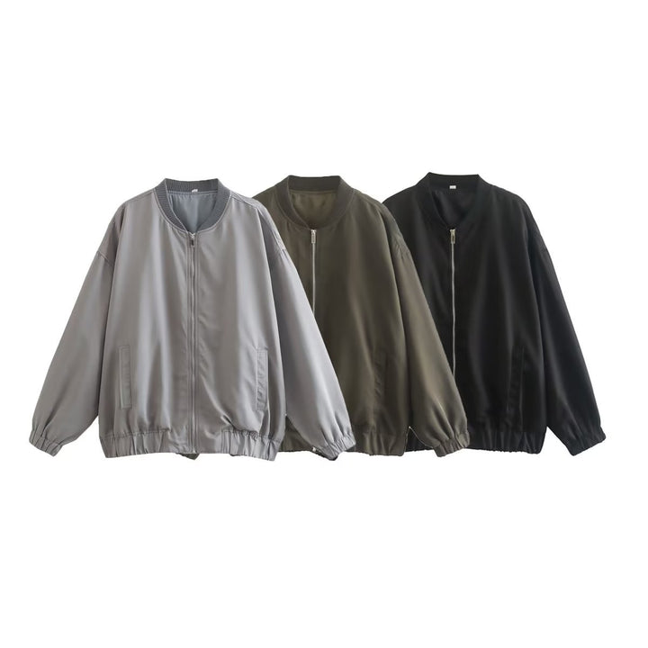 Unisex leichter Oversize-Bomber mit durchgehendem Metallreißverschluss geripptem Kragen und elastischem Saum – Brevano